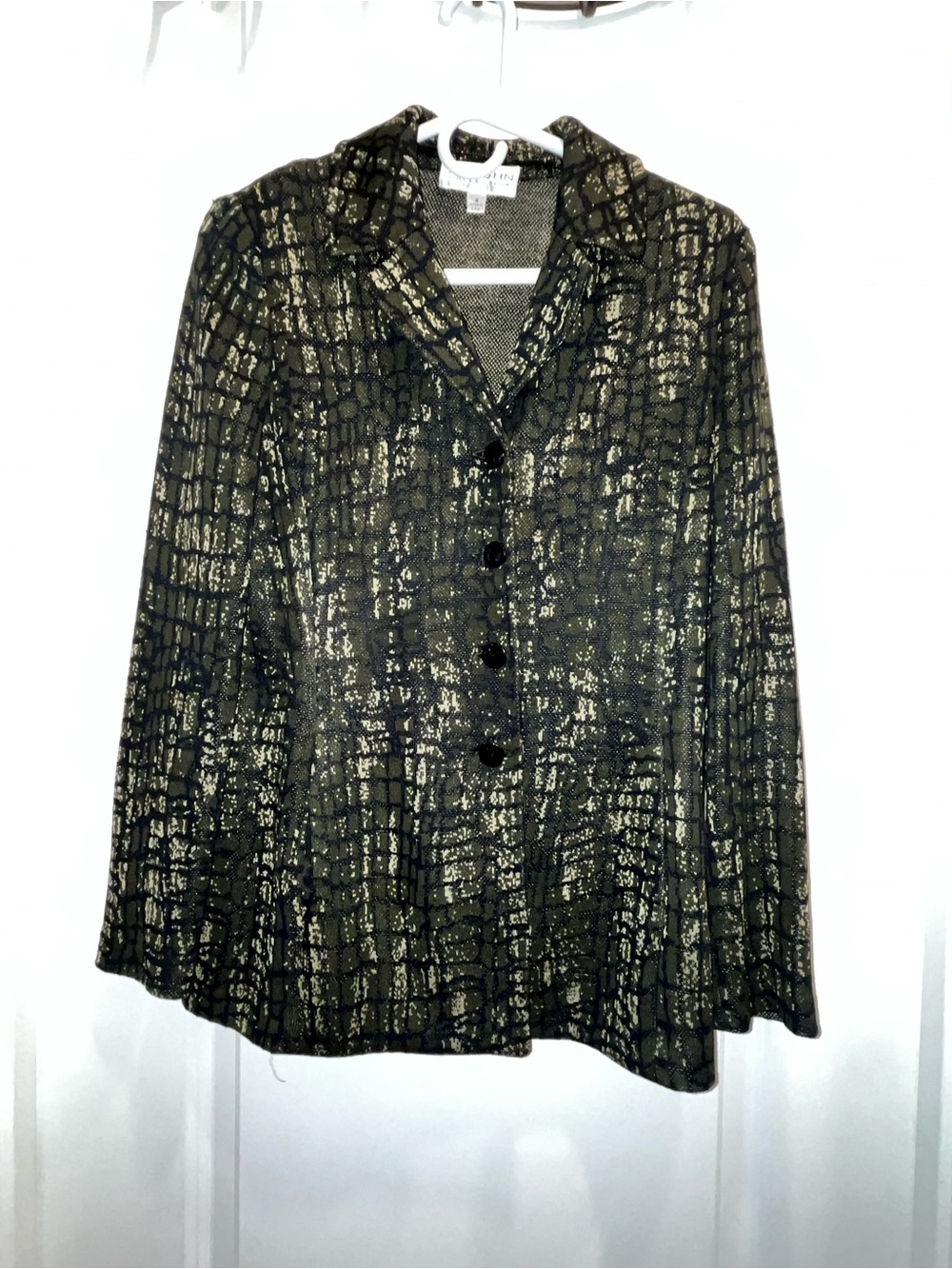 ST. JOHN Collection Black Olive Green Reptile Print Midi Jacket